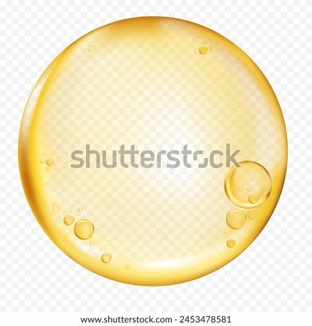 Oil drop.Serum bubble circle of essential.Isolated Vitamin yellow gold color liquid gel.Golden keratin on white background,3D transparent collagen air droplet.Vector for cosmetic,moisture,skin product