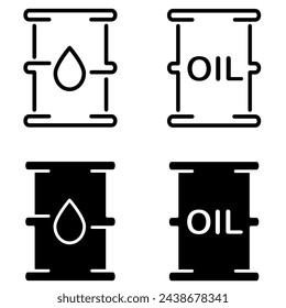 Oil drum container or barrel icon. Oil and gas industry outline and filled symbols. Steel gasoline gallon sign. Fuel container pictogram.