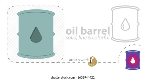 Oil drum container. barrel vector flat illustration, solid, line icon