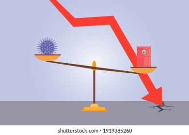 Oil drum and coronavirus on the scale with declining oil chart price