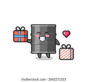 oil drum mascot cartoon giving the gift , cute design