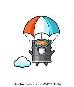 oil drum mascot cartoon is skydiving with happy gesture , cute design