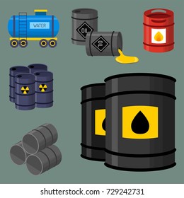 Oil drums container fuel cask storage rows steel barrels capacity tanks natural metal old bowels chemical vessel vector illustration