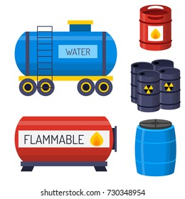 Oil drums container fuel cask storage rows steel barrels capacity tanks natural metal old bowels chemical vessel vector illustration