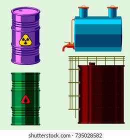 Oil drums container fuel cask storage rows steel barrels capacity tanks natural metal old bowels chemical vessel vector illustration