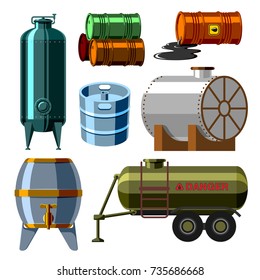 Oil drums container fuel cask storage rows steel barrels capacity tanks natural metal old bowels chemical vessel vector illustration