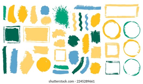 Oil dye daub mega pack. Hand drawn border box aged elements. Drip paintbrush textured sticker silhouette bundle. Daub ink blots drawing.