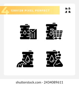 Oil economy black glyph icons set on white space. Energy market. Petroleum industry. Oil price. Global business. Silhouette symbols. Solid pictogram pack. Vector isolated illustration