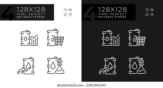 Iconos lineales de la economía petrolera fijados para el modo oscuro y claro. Mercado energético. Industria petrolera. El precio del petróleo. Negocios globales. Símbolos delgados para la noche, tema del día. Ilustraciones aisladas. Trazo editable