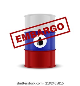 Oil Embargo. Vector 3d Realistic Metal Enamel Oil Barrel Isolated on White. Russian Crude Oil Embargo Concept Background