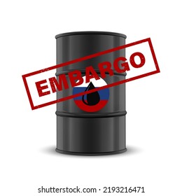 Oil Embargo. Vector 3d Realistic Metal Enamel Oil Barrel Isolated on White. Russian Crude Oil Embargo Concept Background