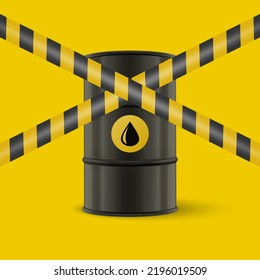 Oil Embargo. Vector 3d Realistic Metal Enamel Black Oil Barrel on Yellow. Crude Oil Embargo Concept Background