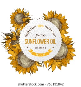 Oil emblem over bright hand drawn sunflowers