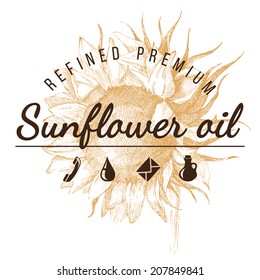 oil emblem  over hand drawn sunflower sketch