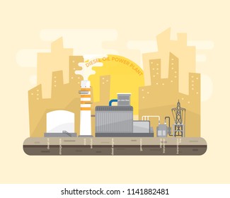 Oil Energy, Diesel Oil Power Plant, Diesel Engine Generate The Electricity With Text