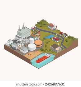 oil energy, diesel oil power plant, refinery with isometric graphic