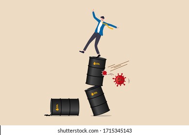 Oil and energy price crash from Coronavirus COVID-19 pandemic crisis concept, uncertainty unstable businessman falling down and trying to stand on stack of crude oil gallon with virus pathogen impact.