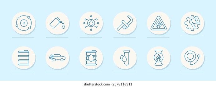 Oil and energy set icon. Drop, canister, car, barrel, flame warning, leak pipe, hourglass. Represent oil storage, transport, and risks