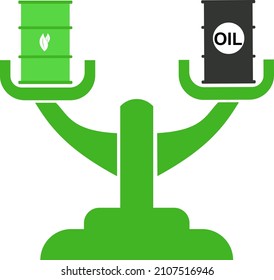 Oil and environmentally friendly fuel on the scales. A source of fuel energy and biofuels. Environmentally friendly fuel. Vector image isolated on a white background.