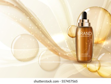 Oil Essence Hydrating Concentrate Bottle Template for Ads or Magazine Background. 3D Realistic Vector Iillustration. EPS10