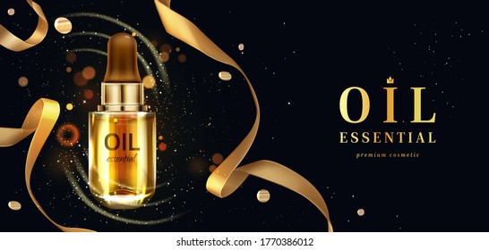 Oil essential, luxury cosmetic with golden glitter, confetti and ribbon. Vector realistic brand poster with skincare cosmetic product in glass bottle. Promo banner, advertising background