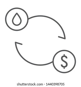 Oil exchange thin line icon, fuel and cost, oil price sign, vector graphics, a linear pattern on a white background, eps 10.