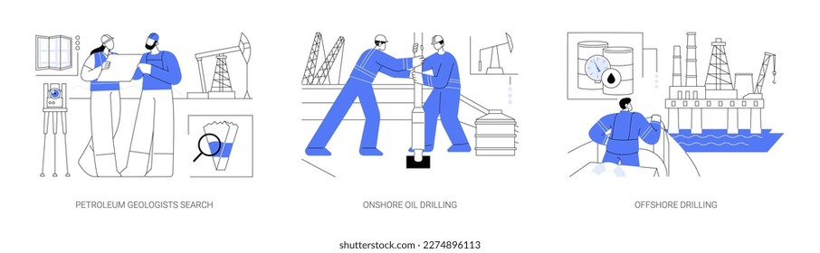 Oil exploration abstract concept vector illustration set. Petroleum geologists search, onshore oil drilling, offshore rig, geophysical survey, fossil and natural gas industry abstract metaphor.