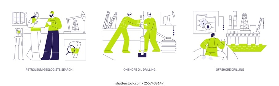 Oil exploration abstract concept vector illustration set. Petroleum geologists search, onshore oil drilling, offshore rig, geophysical survey, fossil and natural gas industry abstract metaphor.