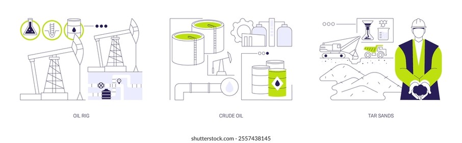 Oil extraction abstract concept vector illustration set. Petroleum drilling rig, crude oil in barrels, tar sands, exploring fossils, natural gas industry, bitumen and molasses abstract metaphor.