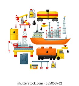 Oil extraction concept with colorful industrial transportation manufacturing elements and icons isolated vector illustration