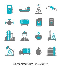 Oil extraction gas production transportation and distribution pictograms collection with industrial complex petroleum pump isolated vector illustration