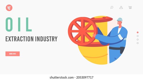 Oil Extraction Industry Landing Page Template. Industrial Worker in Uniform near Pipeline. Male Character Work on Plant, Oilman Engineer Occupation. Cartoon People Vector Illustration