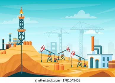 Oil extraction landscape vector illustration. Cartoon flat urban factory station skyline with well drilling, extracting industrial process, oil rig tower to pump black liquid from oilfield background