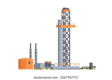 Oil extraction platform. Drilling Rig with Pipe and Tanks Element. Editable Vector Illustration of Oil Drill and Industrial Structure on White Background