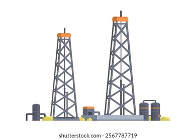 Oil extraction platform. Drilling Rig with Pipe and Tanks Element. Editable Vector Illustration of Oil Drill and Industrial Structure on White Background