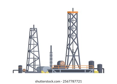Oil extraction platform. Drilling Rig with Pipe and Tanks Element. Editable Vector Illustration of Oil Drill and Industrial Structure on White Background