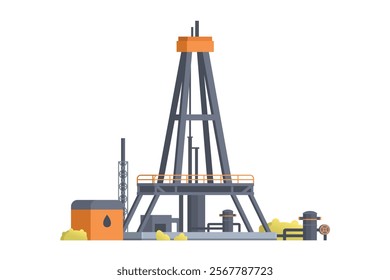 Oil extraction platform. Drilling Rig with Pipe and Tanks Element. Editable Vector Illustration of Oil Drill and Industrial Structure on White Background