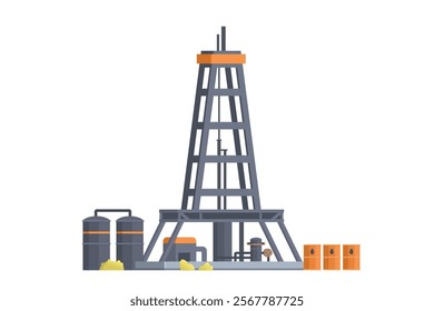 Oil extraction platform. Drilling Rig with Pipe and Tanks Element. Editable Vector Illustration of Oil Drill and Industrial Structure on White Background