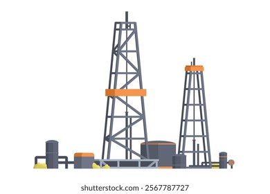 Oil extraction platform. Drilling Rig with Pipe and Tanks Element. Editable Vector Illustration of Oil Drill and Industrial Structure on White Background