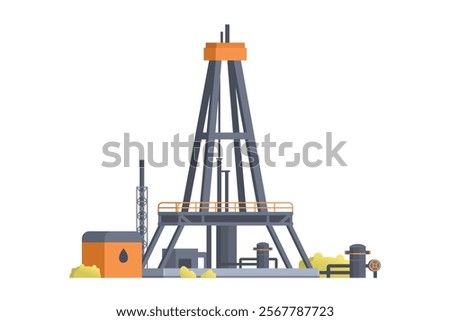 Oil extraction platform. Drilling Rig with Pipe and Tanks Element. Editable Vector Illustration of Oil Drill and Industrial Structure on White Background