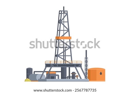 Oil extraction platform. Drilling Rig with Pipe and Tanks Element. Editable Vector Illustration of Oil Drill and Industrial Structure on White Background