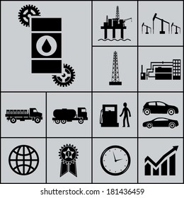 Oil Extraction Processing Use Icons and Symbols Silhouette on Gray Background Vector Illustration