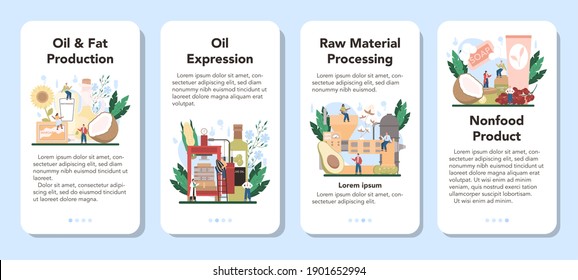 Oil extraction or production industry mobile application banner set. Glass bottle of vegatable oil: cocoa, olive, sunflower, avocado, corn. Organic vegetarian ingredient. Vector flat illustration