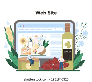 Oil extraction or production industry online service or platform. Glass bottle of vegatable oil: cocoa, olive, sunflower, avocado, corn. Website. Vector flat illustration
