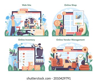 Oil extraction or production industry online service or platform set. Vegatable oil. Organic vegetarian ingredient. Online shop, inventory, vendor management, website. Vector flat illustration