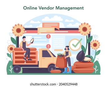 Oil extraction or production industry online service or platform. Vegatable oil. Organic vegetarian ingredient. Online vendor management. Vector flat illustration