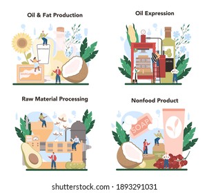 Oil extraction or production industry set. Glass bottle of vegatable oil: cocoa, olive, sunflower, avocado, corn. Organic vegetarian ingredient for cooking. Vector flat illustration