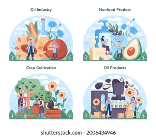 Oil extraction or production industry set. Vegatable oil: cocoa, olive, sunflower, avocado, corn. Organic vegetarian ingredient for cooking and non-edible production. Vector flat illustration