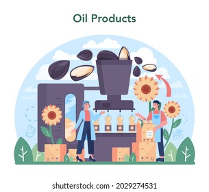 Oil extraction or production industry. Vegatable oil: cocoa, olive, sunflower, avocado, corn. Organic vegetarian ingredient for cooking and non-edible production. Vector flat illustration