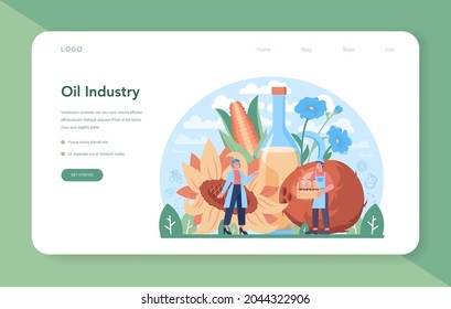 Oil extraction or production industry web banner or landing page. Vegatable oil. Organic vegetarian ingredient for cooking and non-edible production. Vector flat illustration
